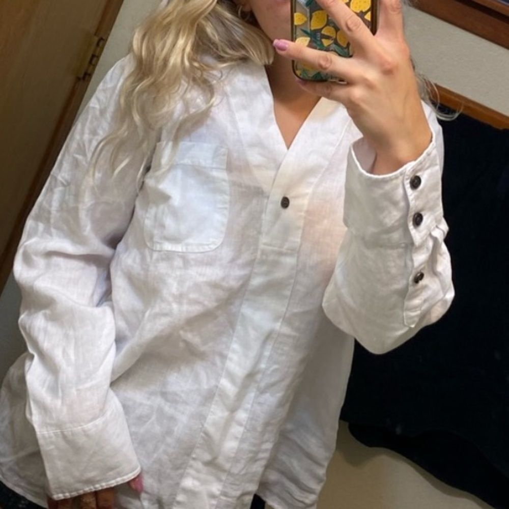 Soft Surroundings White 3/4 Button Down Flowy Long Sleeve